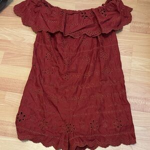 Zara Off-Shoulder Eyelet Romper in Rust